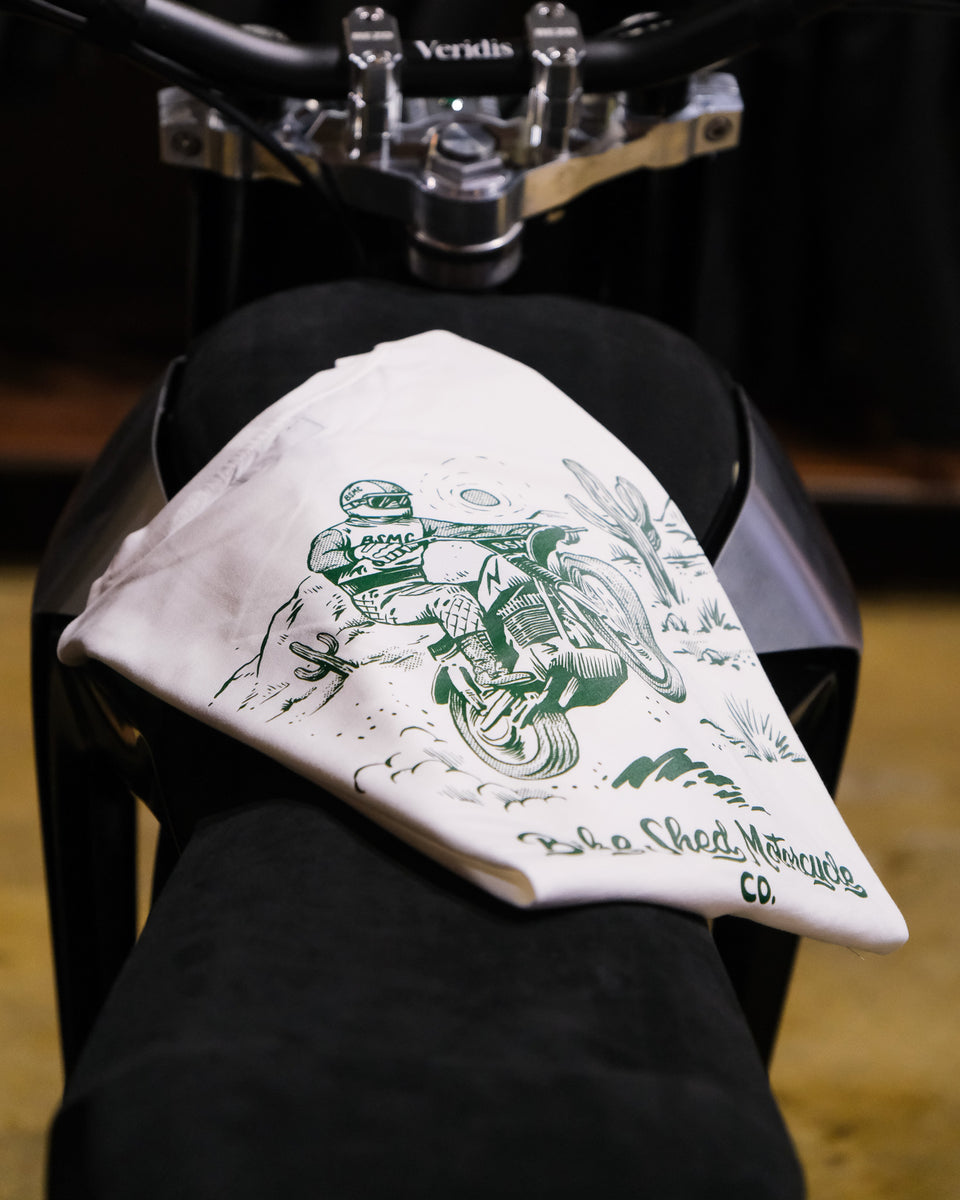 Bike Shed Desert Race T-Shirt Green Motorcycle Print Graphic on a White Cotton T-Shirt.