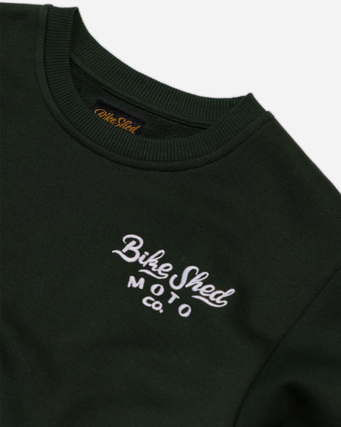 Bike Shed Desert Race Sweatshirt Green Studio Image Front Logo Close Up