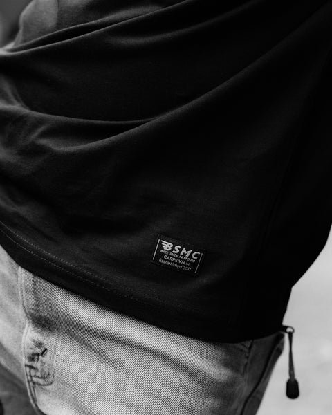BSMC Chopper T-Shirt - Black worn by model hem tag close up