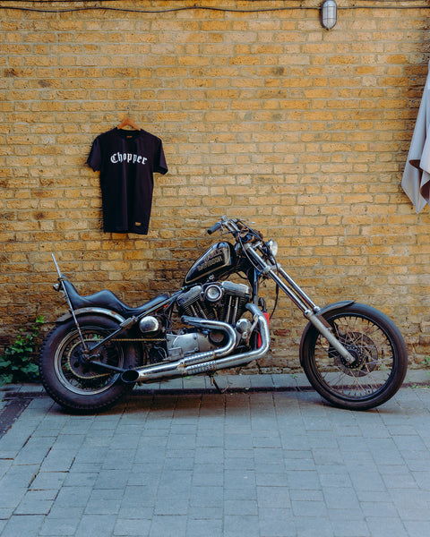 BSMC Chopper T-Shirt - Black merchandised with motorcycle