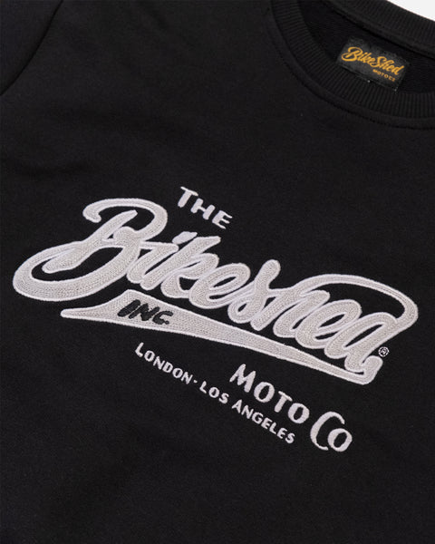 Bike Shed Inc Applique Sweat Black Studio Image Logo Close Up