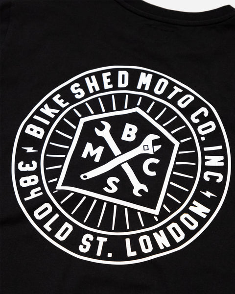 Bike Shed Roundel T-Shirt Washed Black Studio Image Back Close Up
