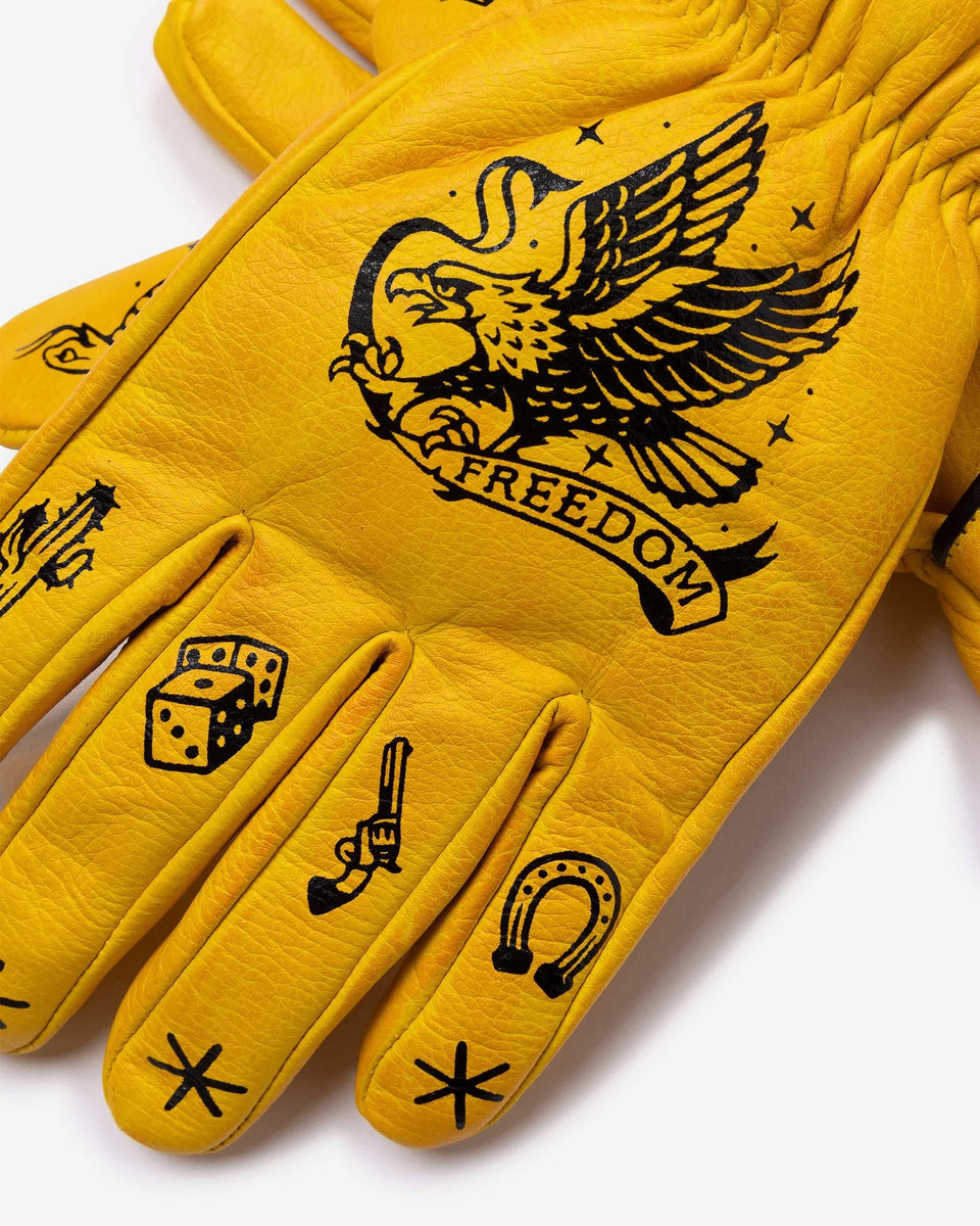 Macleod outlaw yellow motorcycle gloves studio image
