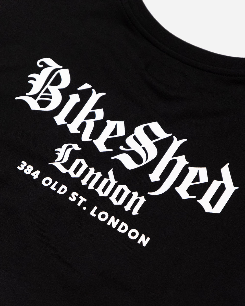 Bike Shed Olde London T-Shirt Black Studio Image Back Close Up