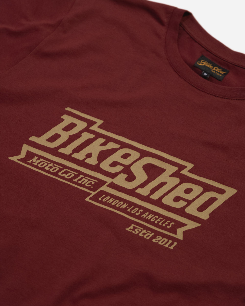 BSMC Steps T-Shirt - Burgundy studio front print close up