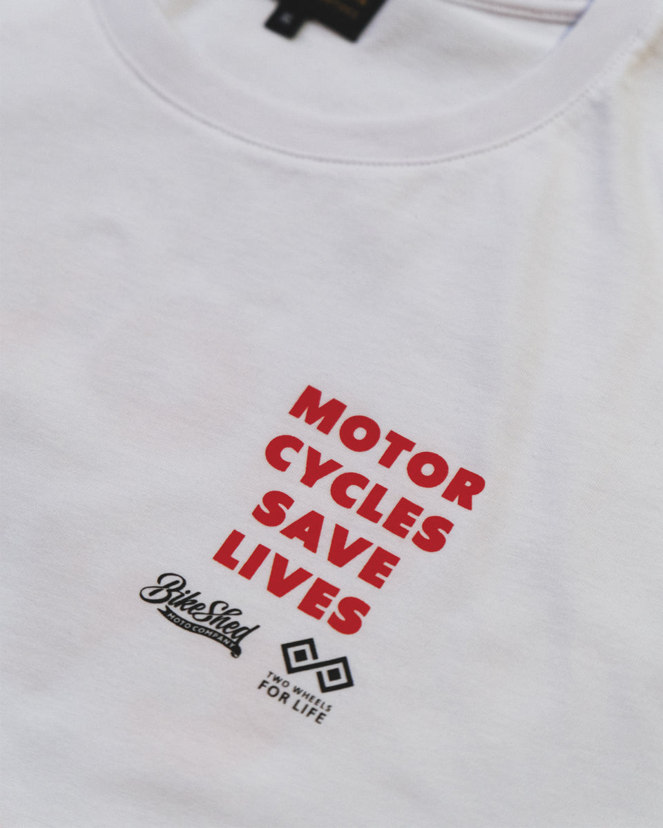 BSMC x Two Wheels For Life T-Shirt - White studio image front logo close up