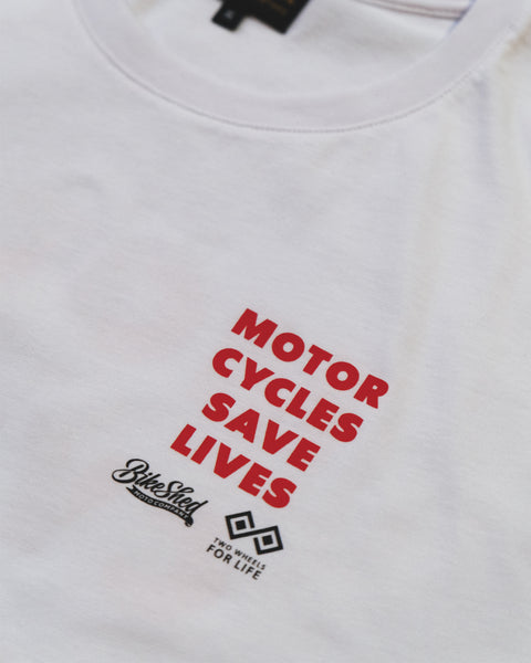 BSMC x Two Wheels For Life T-Shirt - White studio image front logo close up