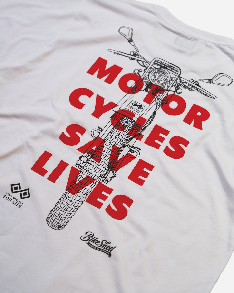 BSMC x Two Wheels For Life T-Shirt - White studio image rear print close up