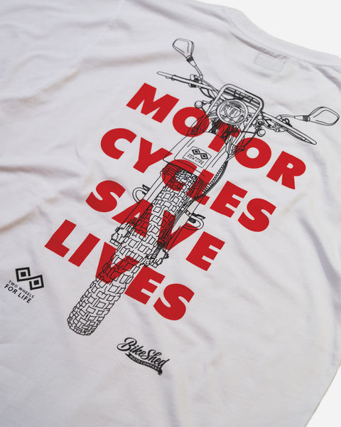 BSMC x Two Wheels For Life T-Shirt - White studio image rear print close up