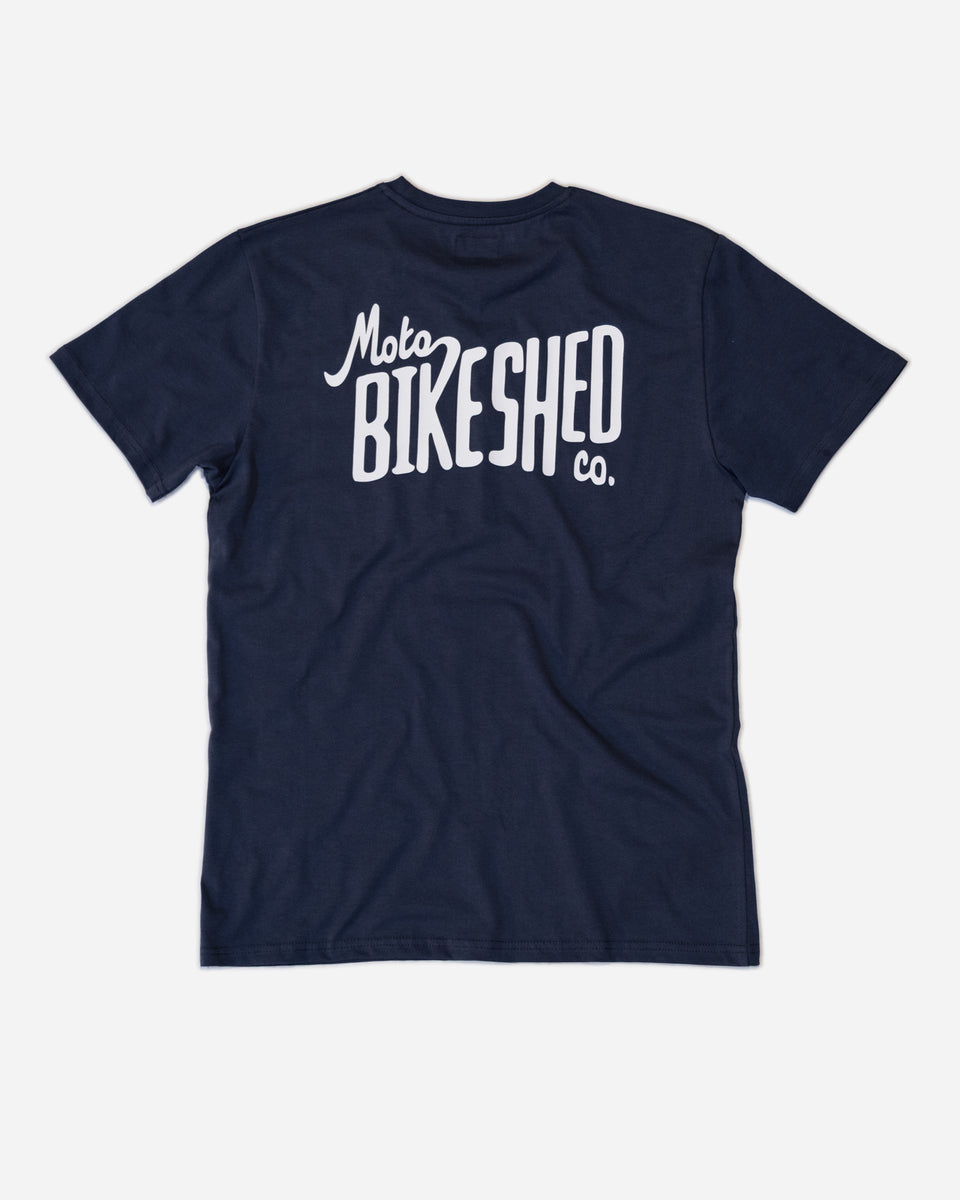 Navy blue t-shirt with 'Moto Bikeshed co'  logo - back