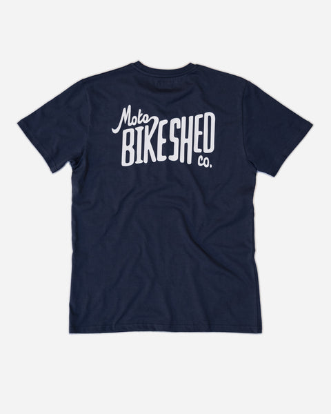 Navy blue t-shirt with 'Moto Bikeshed co'  logo - back