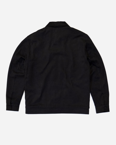 Black twill Bike Shed Moto Co motorcycle jacket on a white background