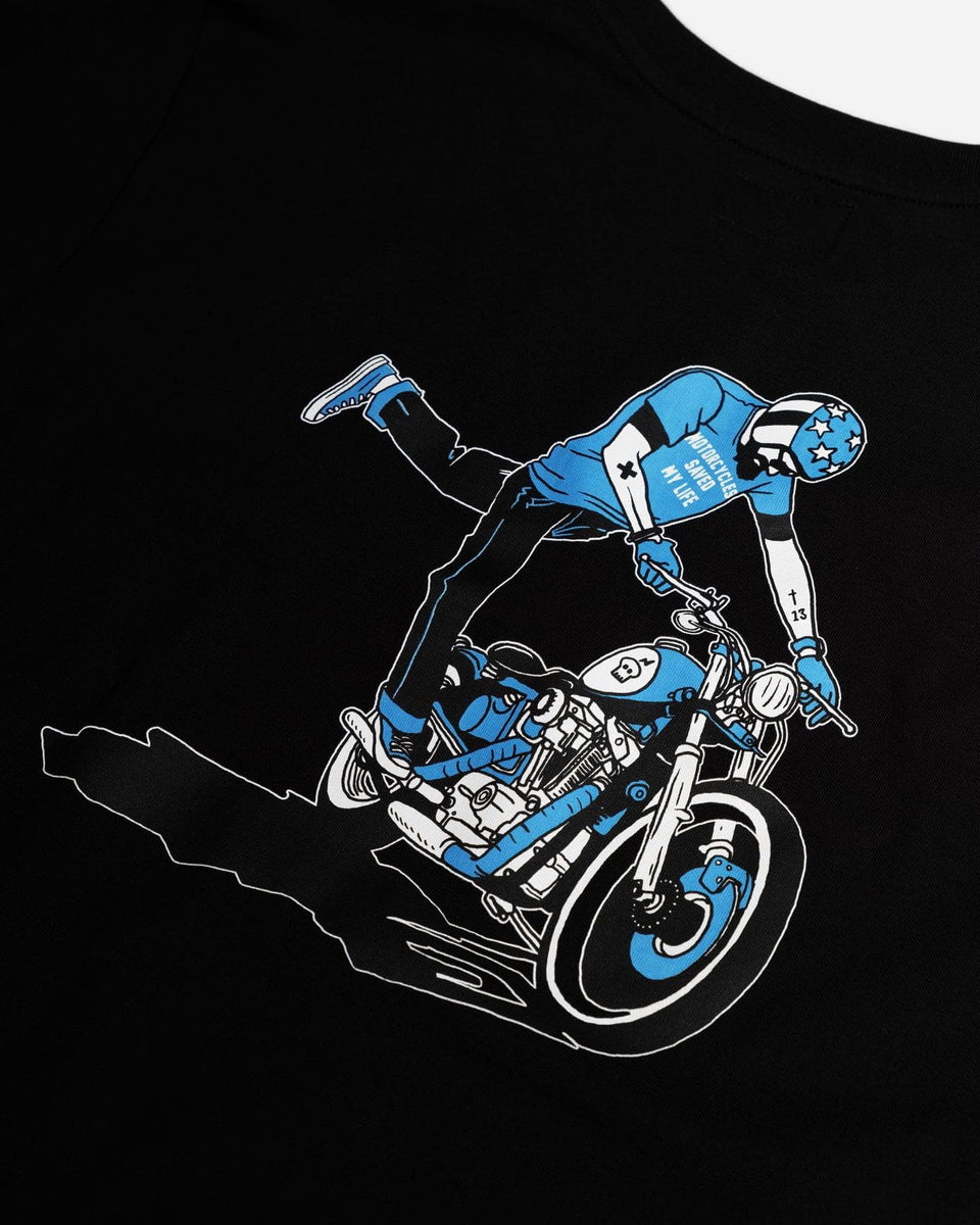 Black Motorcycle Kick It Graphic T-Shirt - Back Detail