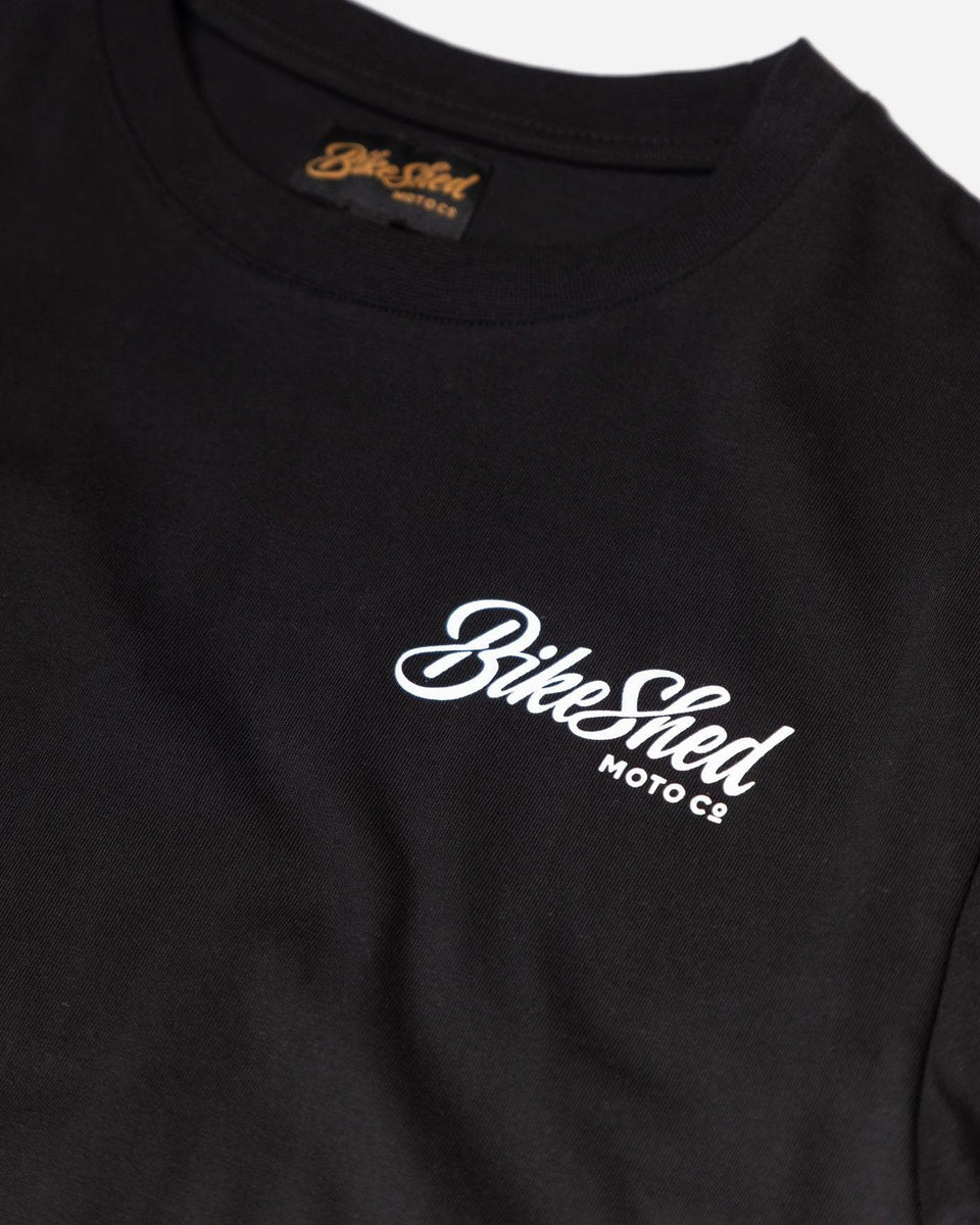 Black pennant chest motorcycle logo T-Shirt - front detail