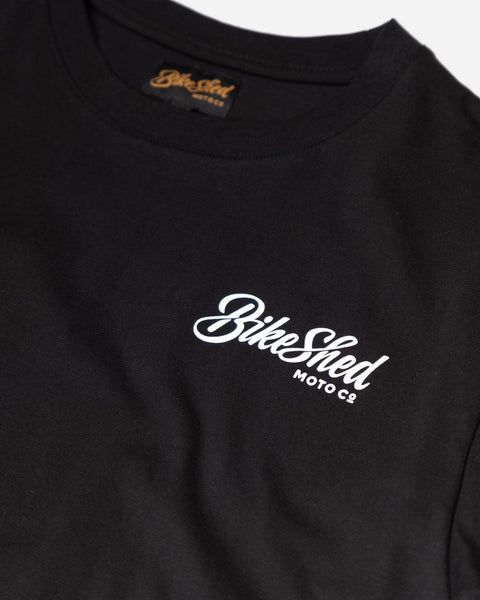 Black pennant chest motorcycle logo T-Shirt - front detail