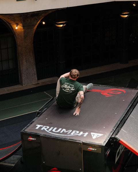 Model wearing Green BSMC Logo Shoreditch Motorcycle T-Shirt