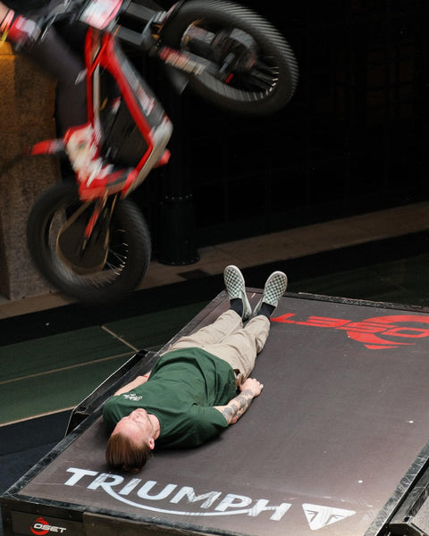 Model wearing green BSMC Logo Shoreditch Motorcycle T-Shirt