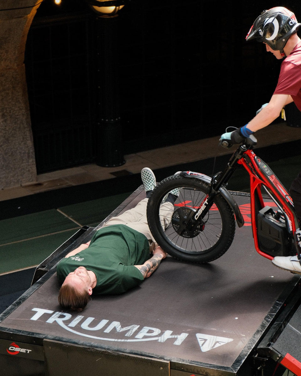 Model wearing green BSMC Logo Shoreditch Motorcycle T-Shirt